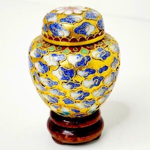 Cloisonné Chinese Urn Covered Ginger Jar 3” Blue & Pink Floral Design